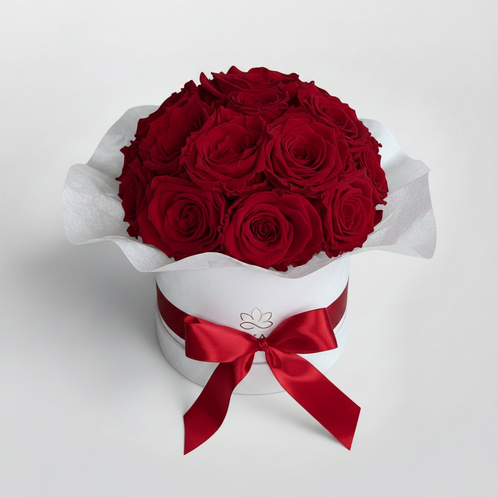 Weisse Splendid Blumenbox mit Royal Red haltbaren Rosen | LUNERVA GLOW