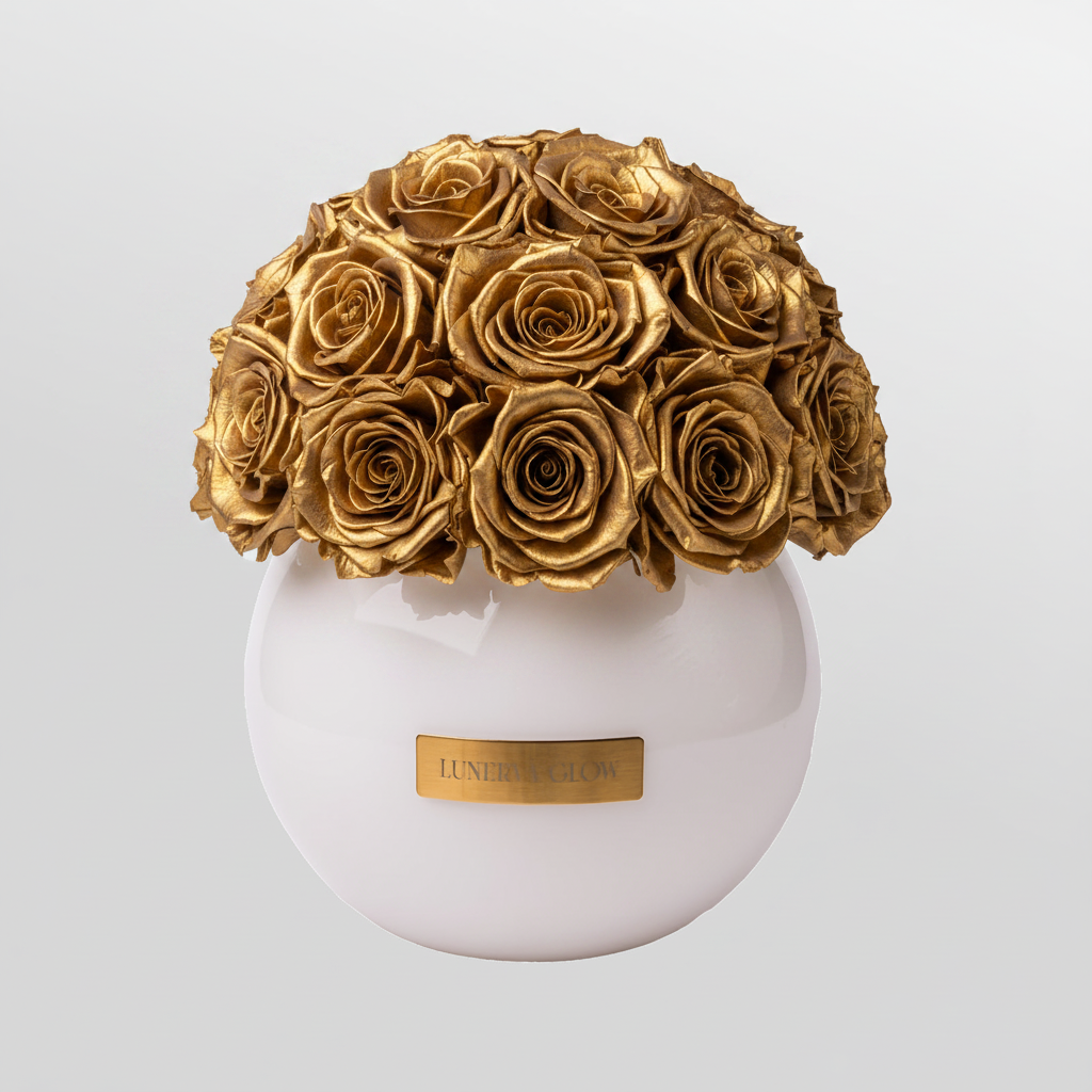Luxuriöse weisse Glass Vase mit Infinity Rosen in metallic Gold Farbe. Elegante Decoration oder als besonderes Geschenk zum Valentinstag | Lunerva Glow