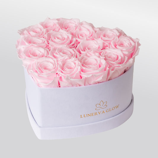Haltbare Rosen in Herzbox Bridal Pink, ewige Rosenbox als Geschenk - LUNERVA GLOW 